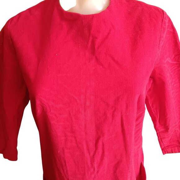 sz 6 Women's Dress Vintage 60's Handmade 1OF1 Red Corduroy 3/4 Sleeves & Pockets - Picture 3 of 6